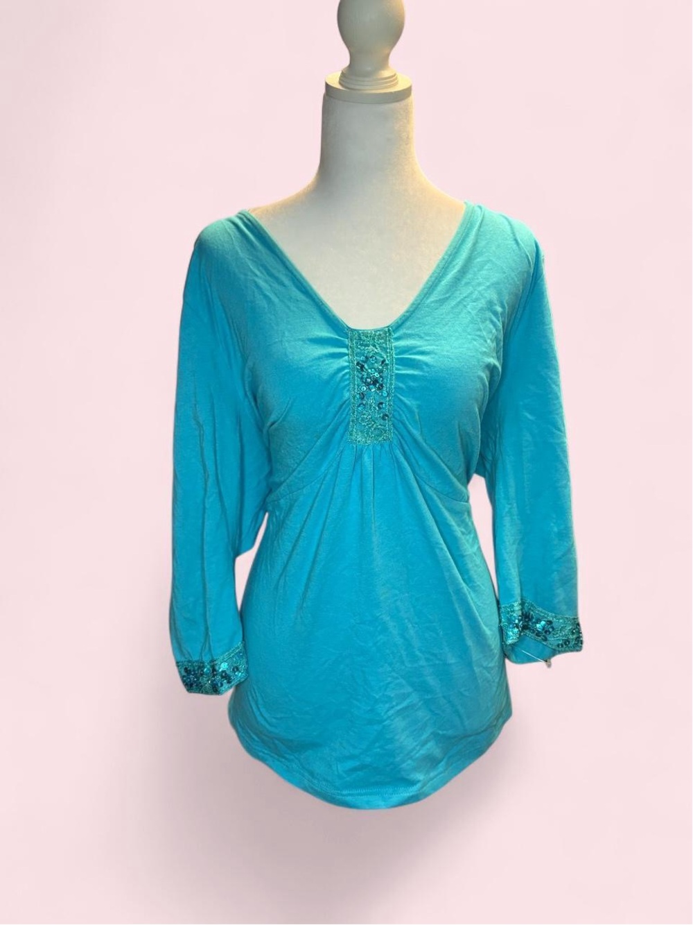 Women's V-Neck Embellished Turquoise Top